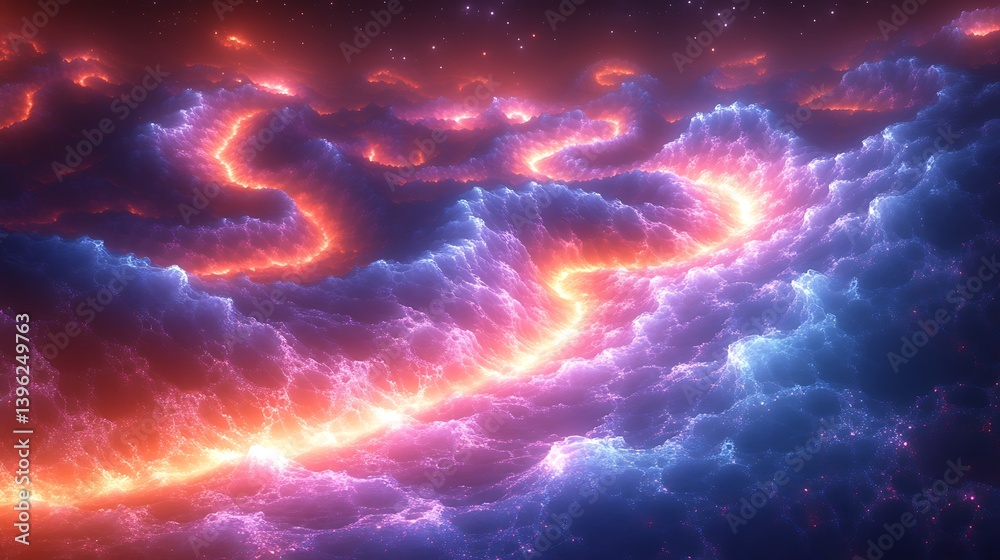 Sticker ethereal waves of iridescent light cascading over an endless fractal landscape, shifting between neo