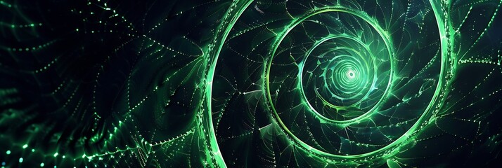 Abstract glowing green fractal spiral pattern receding into darkness. Futuristic digital art representing energy, technology, or complex systems.
