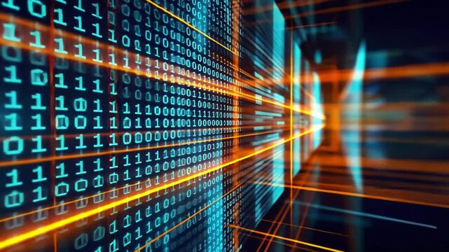 Dynamic Digital Background Glowing Lines and Binary Code Representing Technology and Data Flow in Abstract Visual of Innovation and Connectivity.