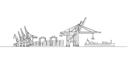 Continuous Line Drawing of a Cargo Terminal at Port with Cranes and Ship