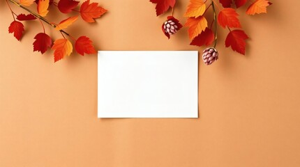 Colorful autumn leaves surrounding a blank card on a warm background Generative AI