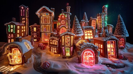 Futuristic gingerbread city built using edible 3D printed candy structures glowing windows and animated icing