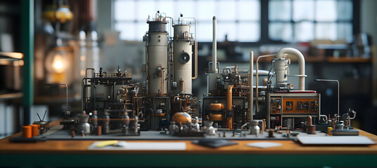 A tiny refinery diorama with detailed processing units, showcased in a technical workspace