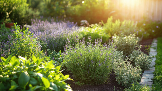 A serene backyard herb garden with rows of fragrant lavender, basil, and thyme, basking in the golden light of late afternoon 