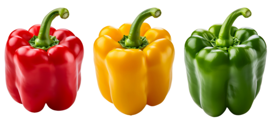 Three colors of bell pepper isolated on transparent background. Red, yellow and green fresh paprika