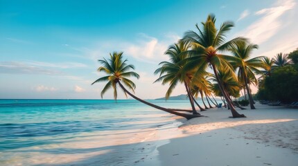 Obraz premium Serene tropical beach with swaying palm trees under a clear blue sky Generative AI