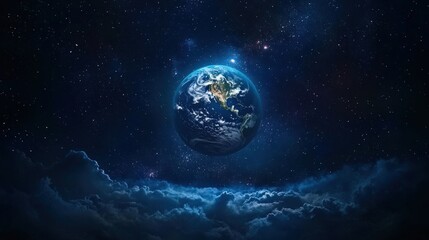 Fototapeta premium A stunning view of Earth illuminated by moonlight against a dark blue starry background, with misty clouds adding depth, evoking themes of space exploration and surrealism. High resolution.