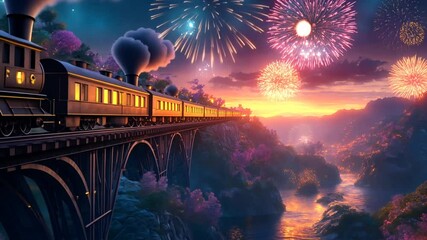 Classic steam train crossing high bridge above scenic valley with colorful fireworks in sunset sky. Celebration travel concept - Powered by Adobe