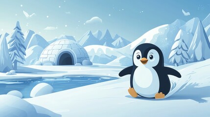 Naklejka premium Cute Cartoon Penguin Sliding on Snowy Landscape with Igloo in Background