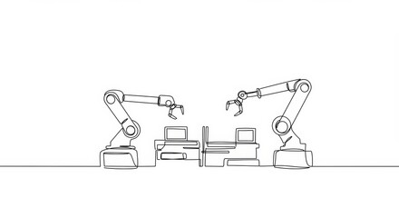 Minimalist line drawing depicting robotic arms in a futuristic workspace scenario