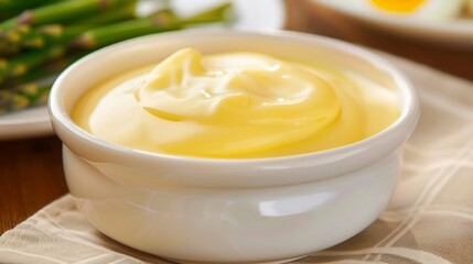 Velvety hollandaise sauce a small white bowl golden and smooth served with steamed asparagus and poached eggs
