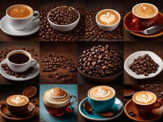 Obraz premium Coffee varieties in colorful cups with roasted beans on rustic table Generative AI