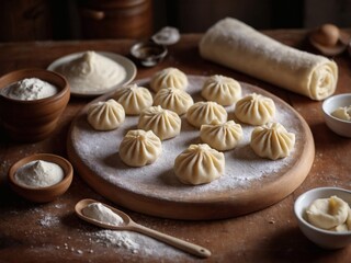 Fototapeta premium Handmade dumplings on a wooden board with flour and kitchen tools scattered Generative AI