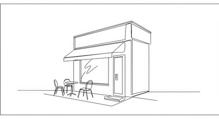 Fototapeta premium Elegant single line drawing of a coffee shop with outdoor seating area
