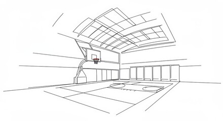 Fototapeta premium Minimalist continuous line drawing of an indoor basketball court interior view