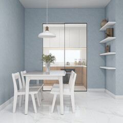 Minimalist dining room with blue walls and interior design. 3D rendering, interior design, 3D illustration