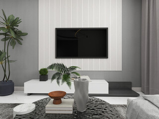 Modern living room with TV and ornamental plants. 3D rendering, interior design, 3D illustration
