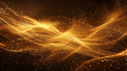 Obraz premium Abstract flowing waves of golden light particles and sparkling energy streams swirl on a dark background. Evokes luxury, magic, celebration, elegant motion. 