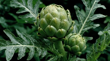 Fototapeta premium Fresh artichokes growing on a vibrant green plant in a garden
