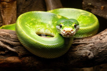 Fototapeta premium Bright Green Python Coiled on Branch with Detailed Scales and Lively Texture