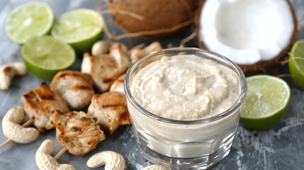 Velvety Thai peanut coconut dip a glass bowl creamy and nutty with a hint of lime served with chicken skewers