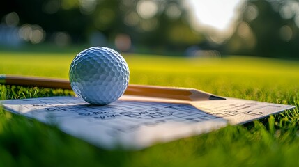 A golf ball rests on a scorecard on the grass.