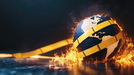 A burning earth, bound by a yellow crime scene tape, symbolizes global crisis.