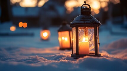 Glowing lanterns the snow A peaceful outdoor scene with warm glowing lanterns placed on fresh white snow
