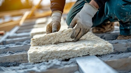 Installing insulation board on a building's roof structure.