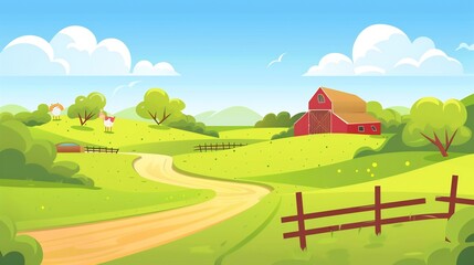 Beautiful rustic farm landscape green fields a rustic barn and clear skies ideal for agriculture related websites organic farm products and rural themed marketing campaigns