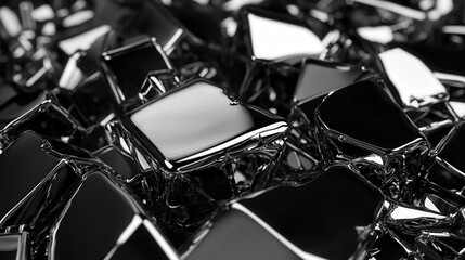Close-up of shiny black and silver metal chunks arranged artistically, set against a plain background, highlighting texture and contrast in materials.