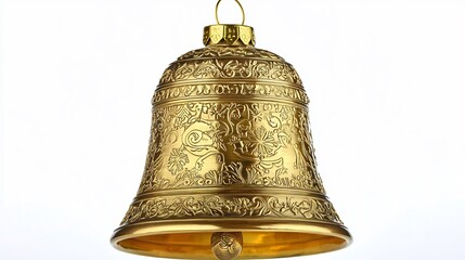 Golden Christmas bell intricate engravings and a shiny reflective surface isolated on a white background