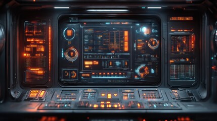 Obraz premium Futuristic Technology Control Panel Interface with Orange and Blue Neon Lights