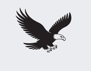 Obraz premium Flying Bald Eagle Vector Silhouette with Spread Wings and Yellow Eye Detail