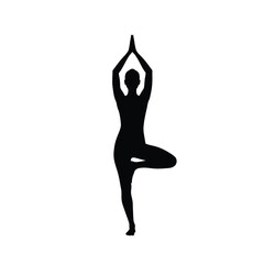 Fototapeta premium Silhouette Of Woman Practicing Tree Pose Yoga Balance And Wellness Exercise