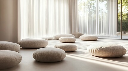 A serene meditation space featuring numerous round floor cushions.