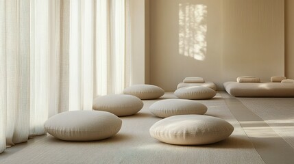 A minimalist meditation space with soft seating and natural light.