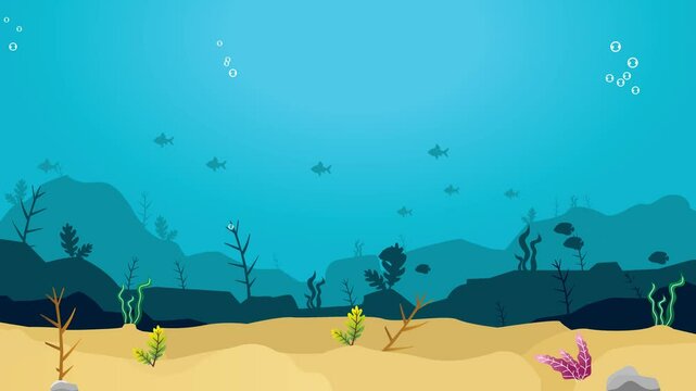 Undersea environment with reefs, fishs cartoon animation loop, undersea 4k life animation background