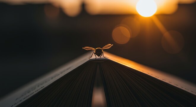 A detailed open book with a flying insect - exploring knowledge - literary journals or blogs