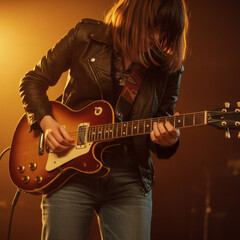 Obraz premium Female Musician Playing Electric Guitar on Stage Under Golden Spotlight Passionate Performance, Rock Music, Live Concert Photography