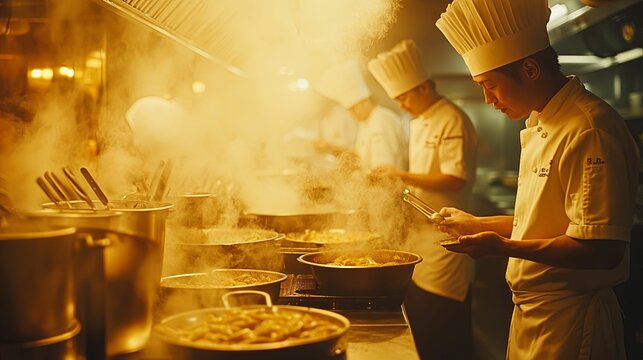 Busy chefs meticulously preparing a delicious meal in a bustling commercial kitchen.