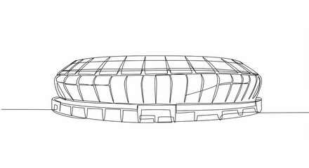 Striking continuous line art of a minimalist sports stadium on white background