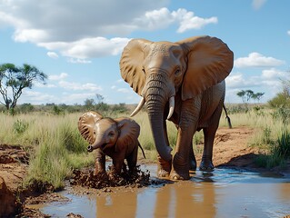 Baby elephant joyfully playing in mud with mother in the wild photography nature family bonding