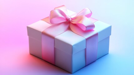 Obraz premium Elegantly Wrapped Gift Box with Delicate Pink Ribbon in Neon Hued Lighting