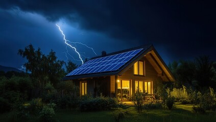 A modern wooden cottage with solar panels is illuminated by lightning during a nighttime thunderstorm, surrounded by a garden and trees, showcasing cinematic lighting and high detail.