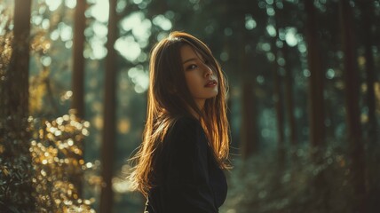 Naklejka premium 森の背景と美女のポートレート