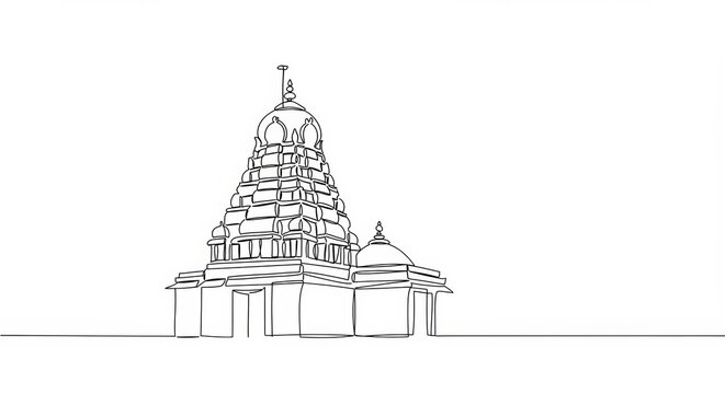 Elegant minimalist single line art of a Hindu temple ornate tower design