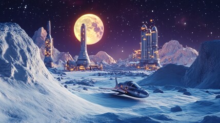 Lunar City at Night with Spaceship