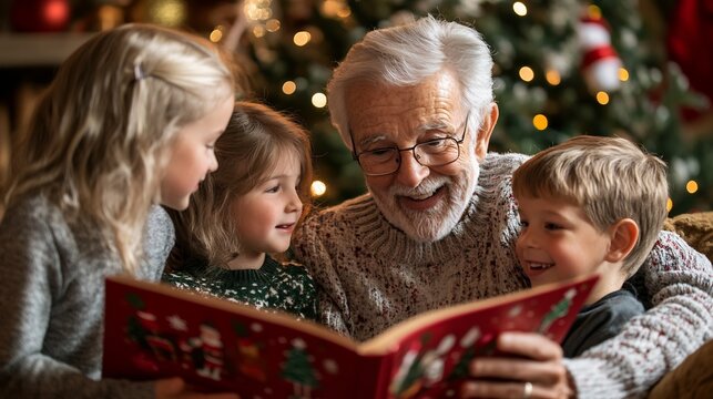 Grandparents sharing Christmas stories grandchildren A heartwarming scene of grandparents telling festive tales to wide eyed children