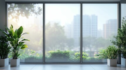 Modern interior with frosted glass and greenery.